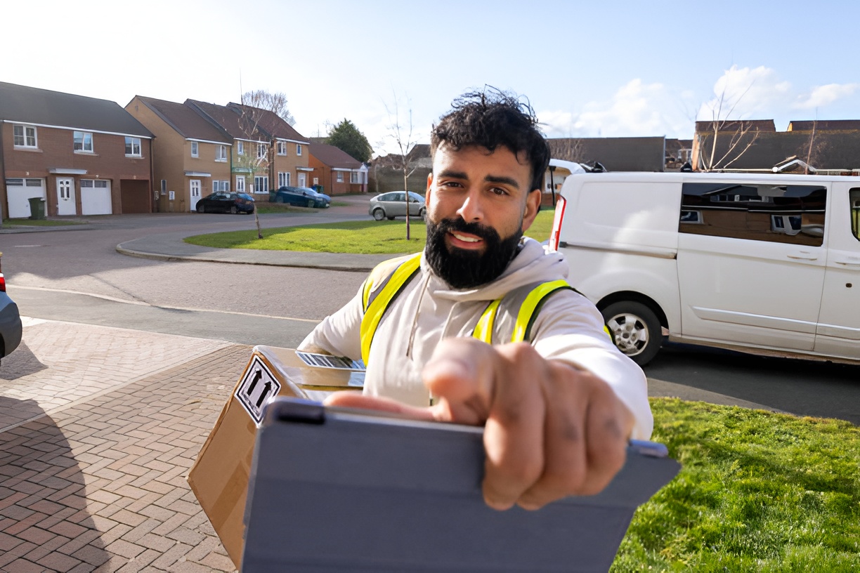 delivery guy pressing a doorbell